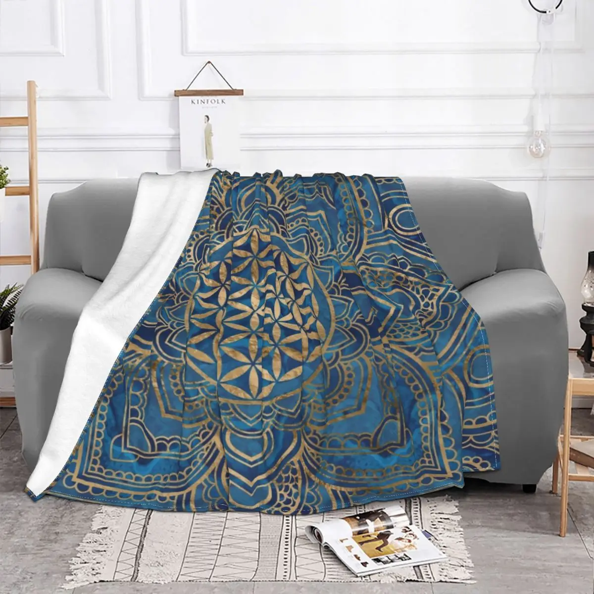 

Flower of Life In Lotus Mandala Blue Marble and Gold Blanket Flannel Decoration Breathable Soft Throw Blankets for Sofa Office