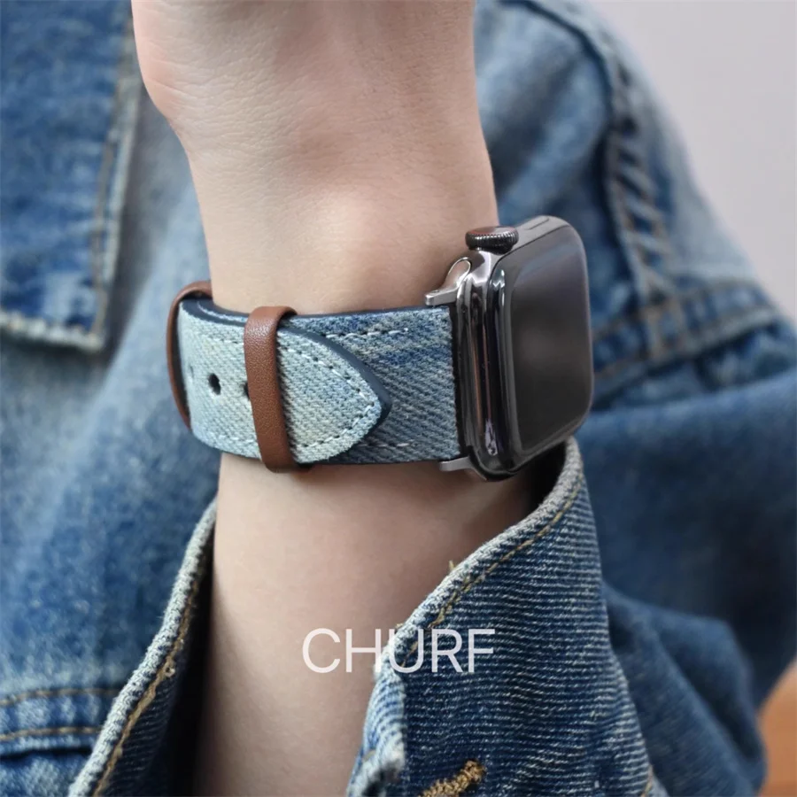 Apple Watch 스트랩과 호환되는 새로운 타이 염색 데님 스트랩 49mm 45mm 44mm 42mm Apple W와 호환되는 여성용 교체 스트랩