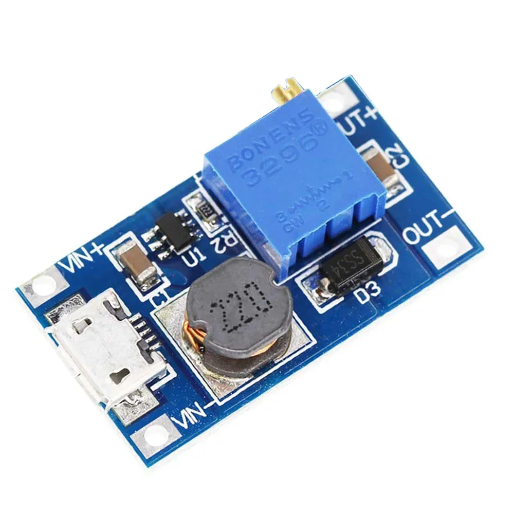 MT3608 부스트 모듈, 조정 가능한 DC-DC 스텝 업 2A 컨버터, 마이크로 USB 입력, 2V-24 V에서 5V, 9V, 12V, 28V