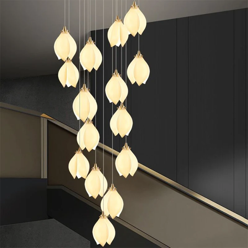 

Modern Luxury Duplex Staircase LED Long Chandelier Hotel Villa Hall Hanging Pendant Light Ceramic Magnolia Art Suspension Lustre