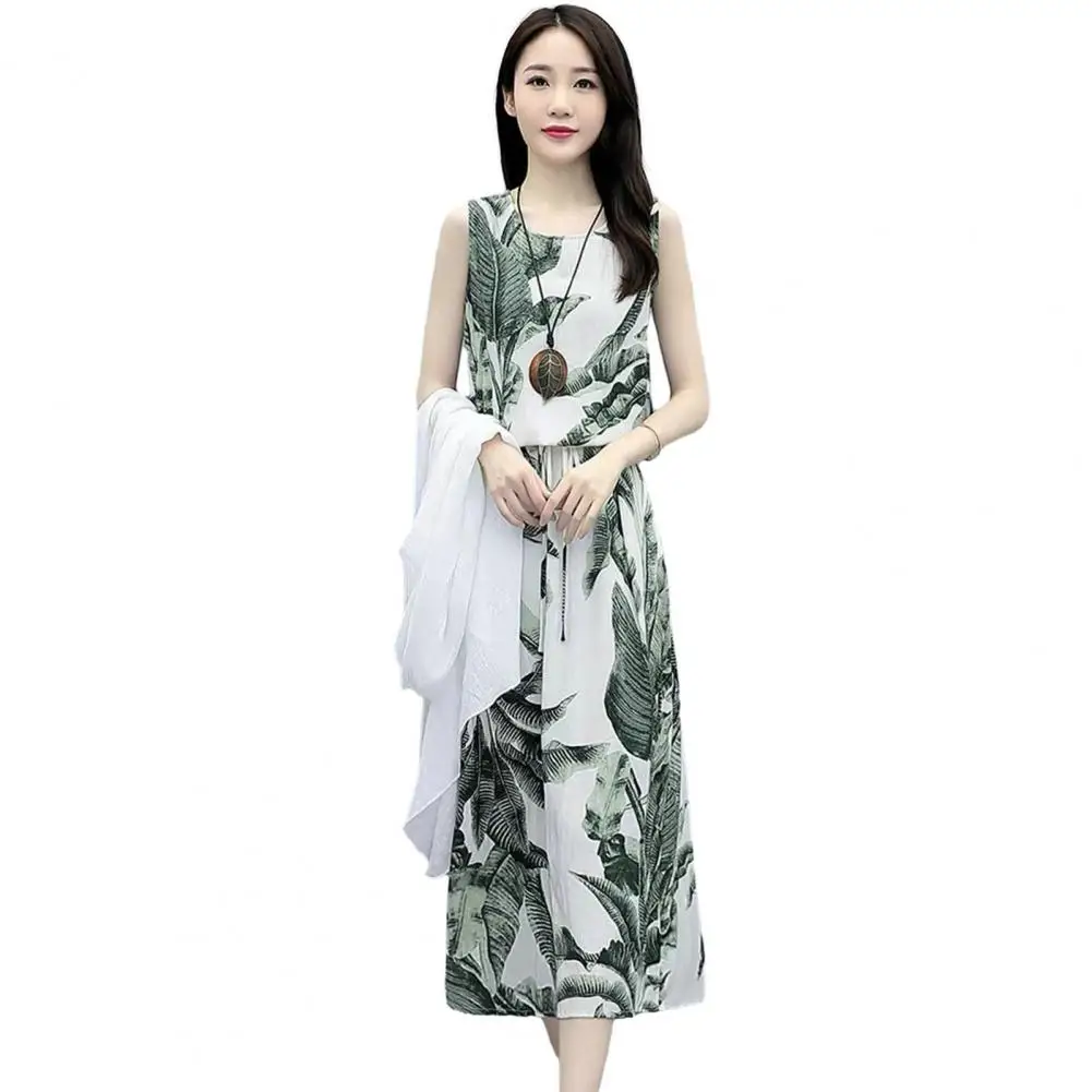 

Retro Women Dress 2-piece Dress Cardigan Set Vintage Prints Long Cardigans Pockets for Fall Spring