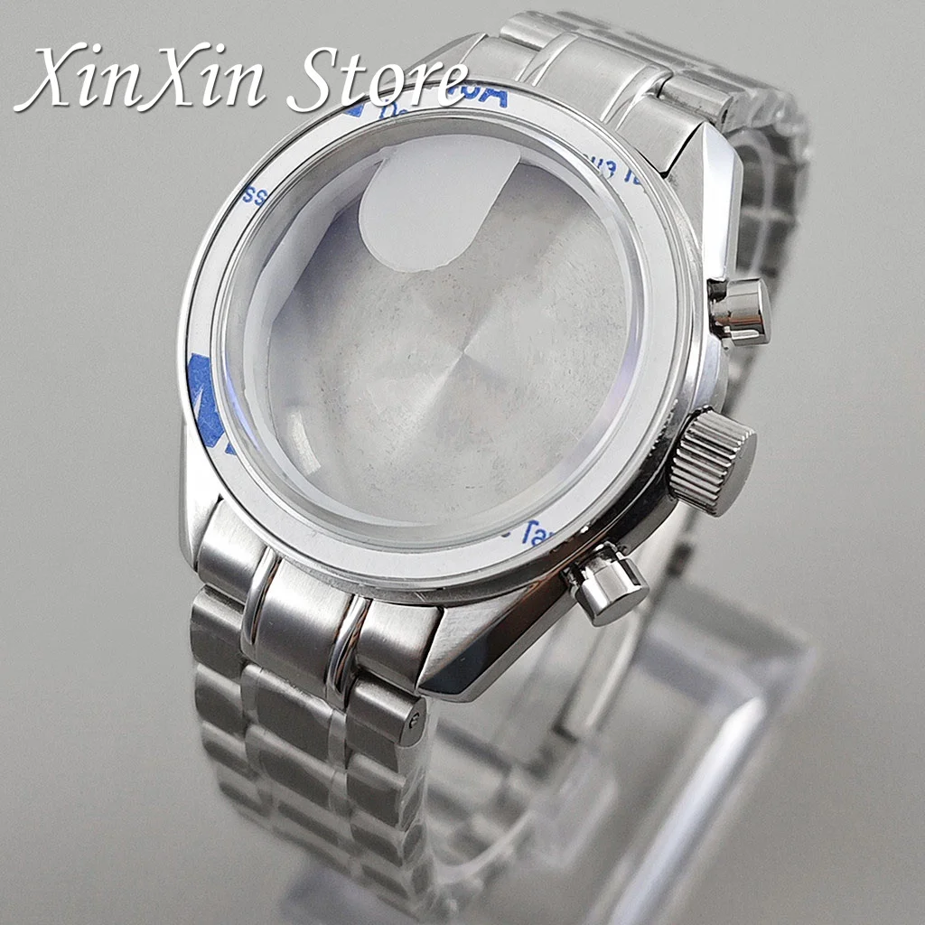 Men's 39.7mm Blue Bezel Watch Case with Moon Pattern Back and Chronograph Function for Quartz Movement, Fits 20mm Strap