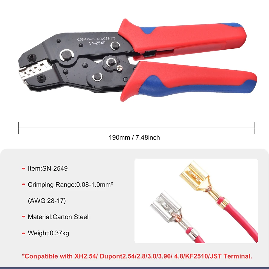 SN-2549 래칫 압착 플라이어, PH2.0, XH2.54, 2.54, 2.8, 3.0, 3.96, 4.8, KF2510, JST 터미널 크림퍼 도구용, 0.08-1.0mm ² 17-28AWG