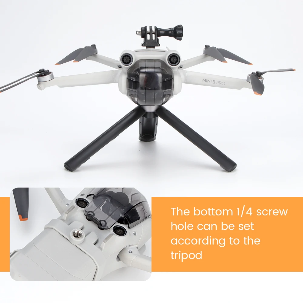 Vue rapprochée du support de caméra pour DJI Mini 3 / Mini 3 Pro et Insta360 Go 3/2 montrant les points de fixation