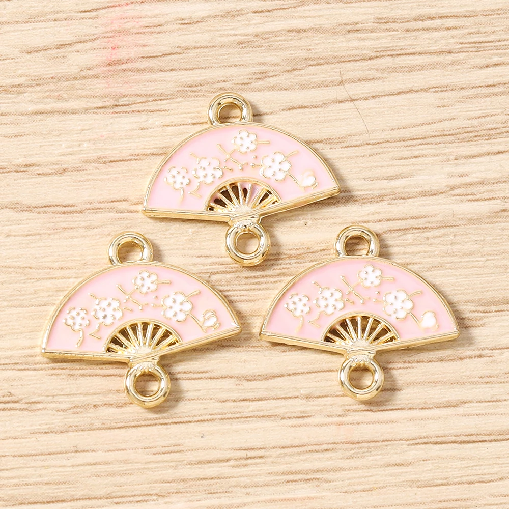 Tusember 10 Stück 14*16mm Niedliche Emaille-Sakura-Blumen-Fächer-Anhänger für DIY-Ohrringe, Armbänder und Schmuckzubehör – Detail 8