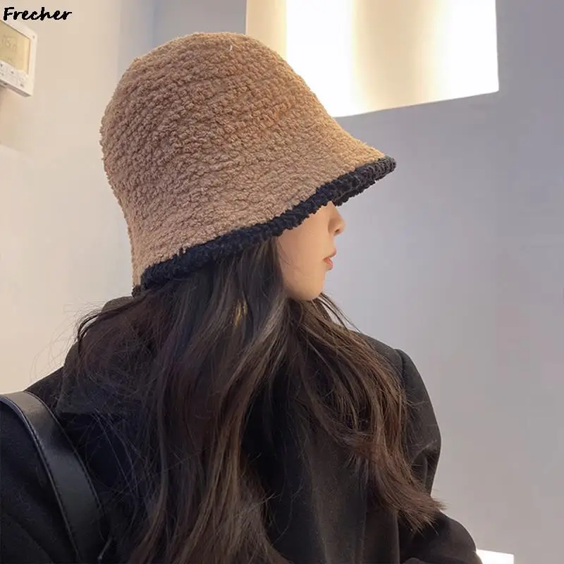 

​Round Lamb Fleece Bucket Hat For Women Girls Winter Keep Warm Basin Cap Faux Fur Party Elegant Outdoor Panama Fashion Sun Hats