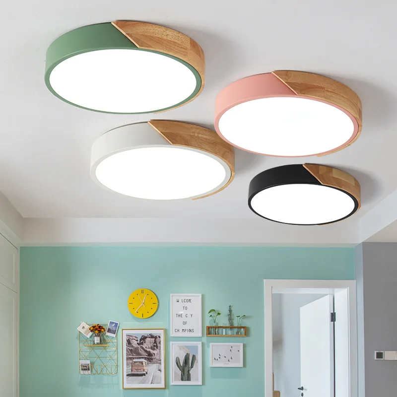 

Nordic Modern LED Ceiling Wooden Macaron Colors Lights for Living Room Bedroom Led Ceiling Lamp Round Remote Dimmable Lighting