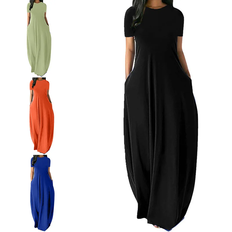

Large Size Women Solid Color Long Dresses O-Neck Short Sleeve Summer Casual Loose Evening Dress Elegant Beach Fashion Dress