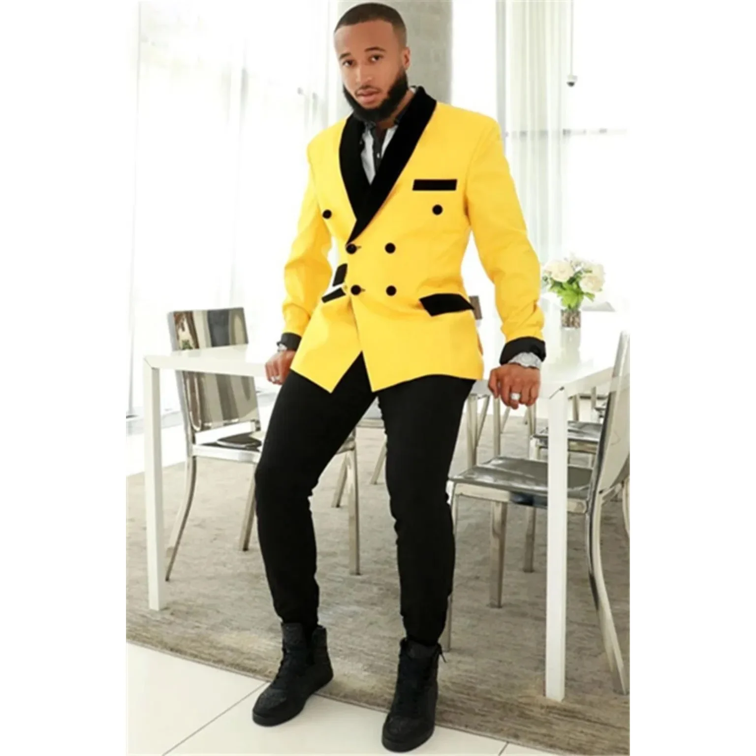 

Yellow and Black Suits for Men Double Breasted Black Shawl Lapel Fashion Terno Party 2 Piece(Jacket+Pants) Luxury Costume Homme