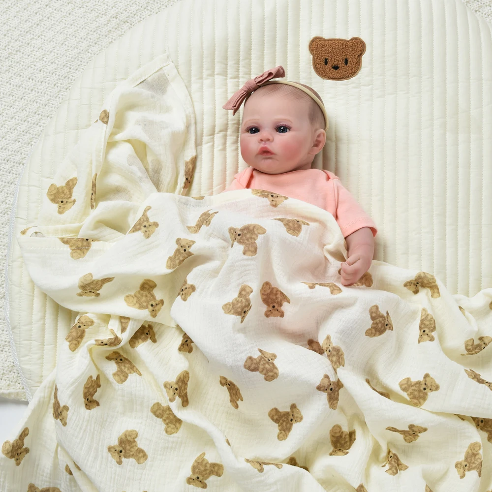 2 Layers Baby Blankets Bear Print Cotton Gauze Muslin Swaddle Wrap Newborn Infant Girls Boys Bedding Sleeping Blanket Accessory