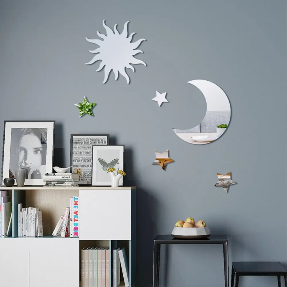 6pcs Star Moon Combination Mirror Wall Sticker Self-adhesive Wallpaper Home Bedroom Living Room Art Mural Decor
