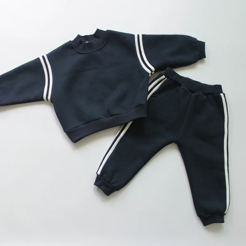 Winter New Children Fleece Warm Sweatshirt Set Girls Boys Plus Velvet Thick Sweat Pants Set Gym Suit Kids Sports Outfits