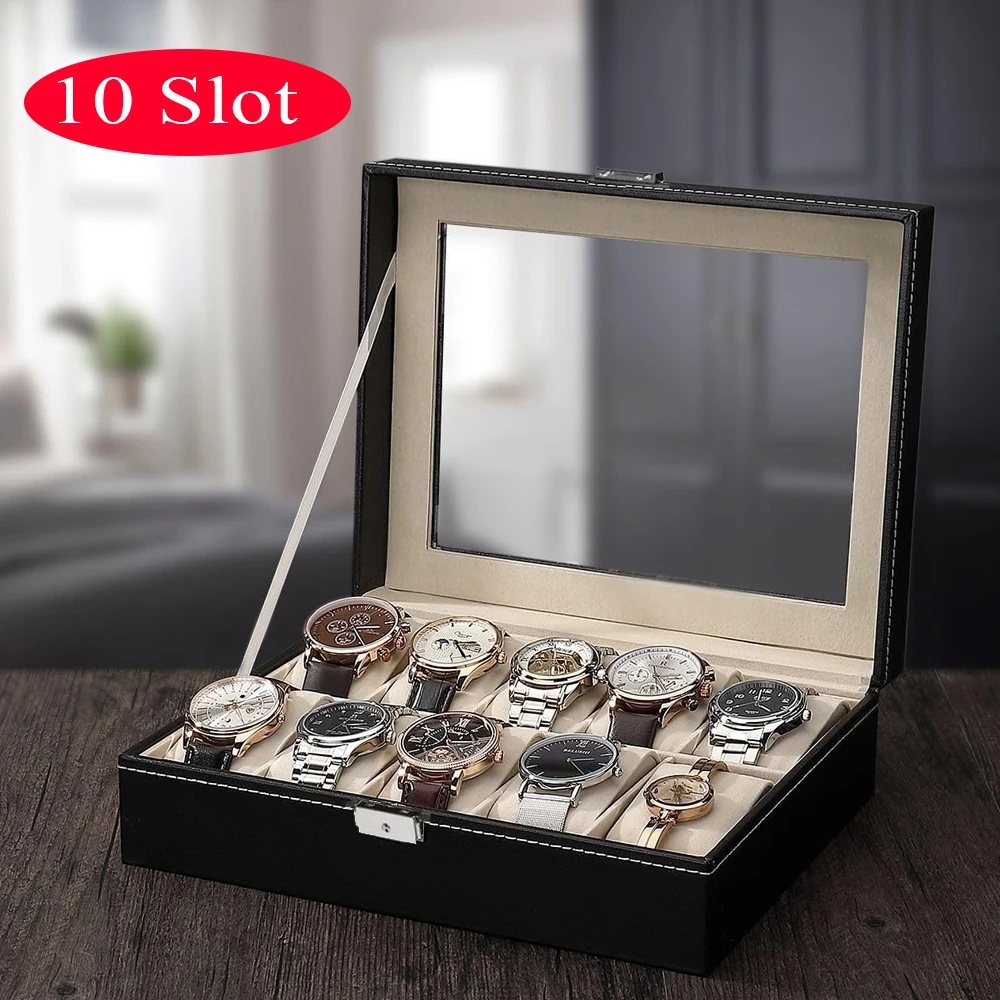 10 Grids Watch Box ,Watch Display Case Mens Watch Case With Glass Lid, Jewelry and Watch Storage Watch Organizer for Men Women