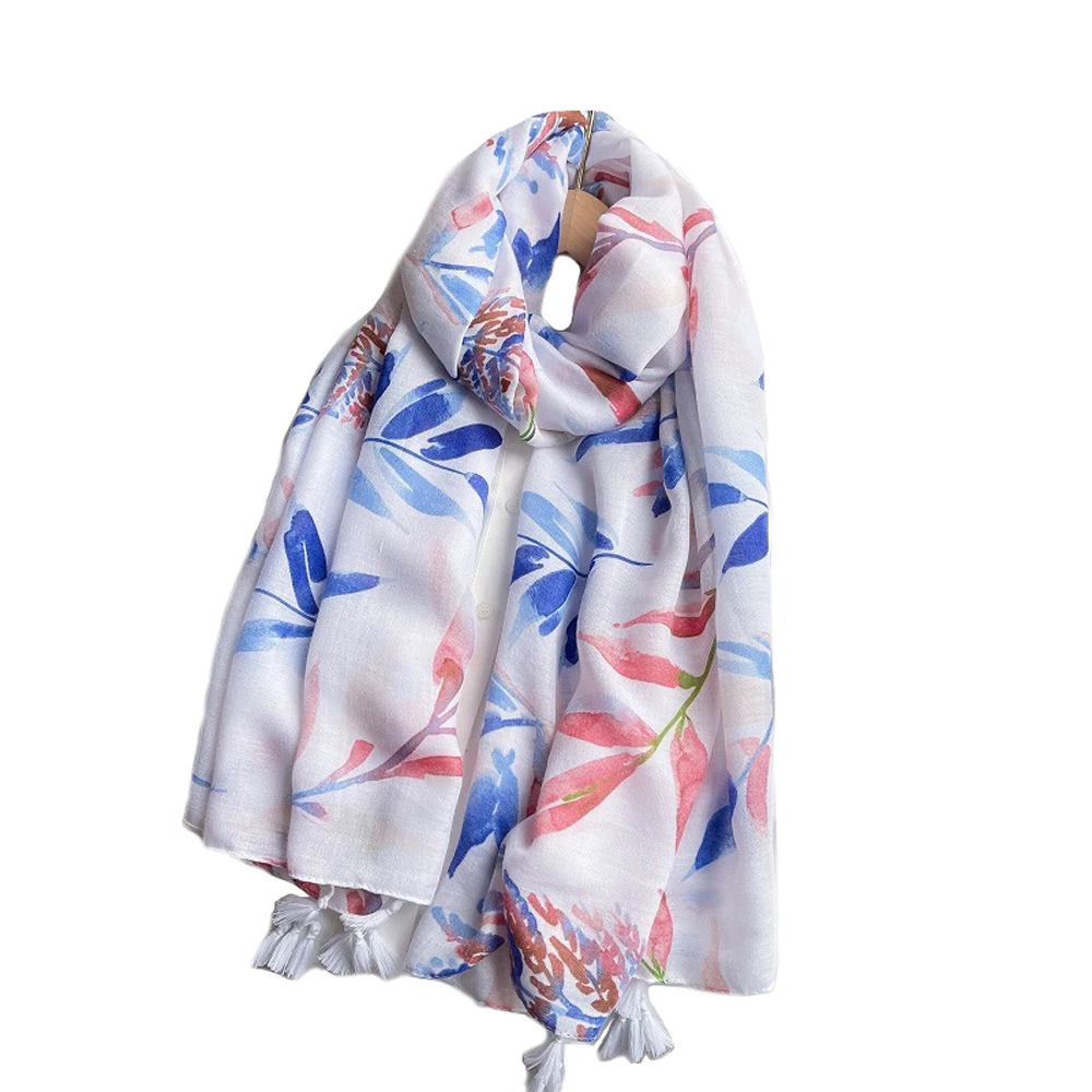 

2022 Модный хлопковый шарф с цветочным принтом омбре с кисточками шали для женщин Длинный мягкий пляжный хиджаб с цветочным принтом шарфы Бесплатная доставка