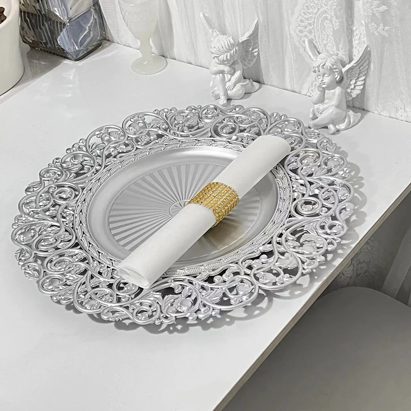 13inch Luxury Hollow Flower Tray Plastic Home Dining Plate Wedding Dessert Cake Tray Western Steak Kitchen Dish Charger 100pcs 3
