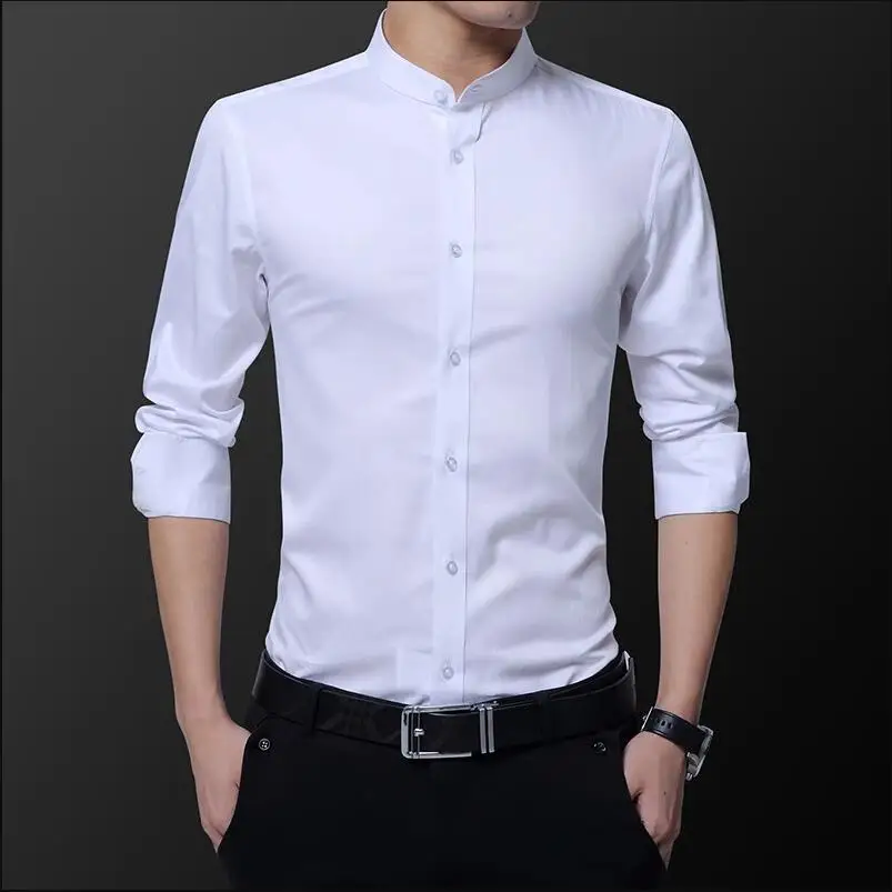 Male Stretch Long Sleeve Shirts Men&rsquo;s Stand Collar Pure Slim Fit Business Shirt Black Red White cotton shirt long sleeve shirt men casual shirt