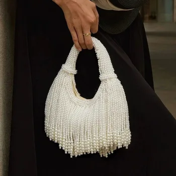 Borsa da sera con manico in perle, pochette di lusso firmata con nappa lunga, borsa a mano da donna fatta a mano dal design alla moda