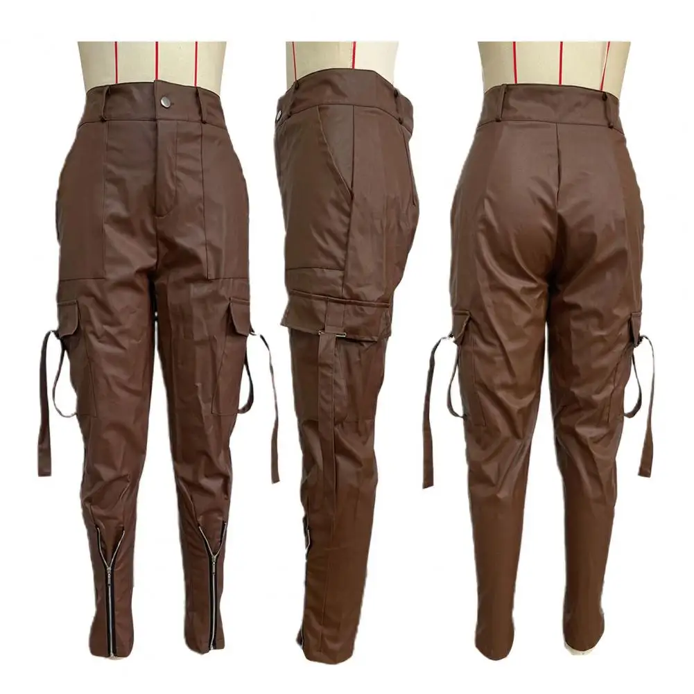 

High Waist Slim Fit Pants Solid Color Trousers Stylish Women's Faux Leather Pencil Pants High Waist Slim Fit Multi Pockets for A
