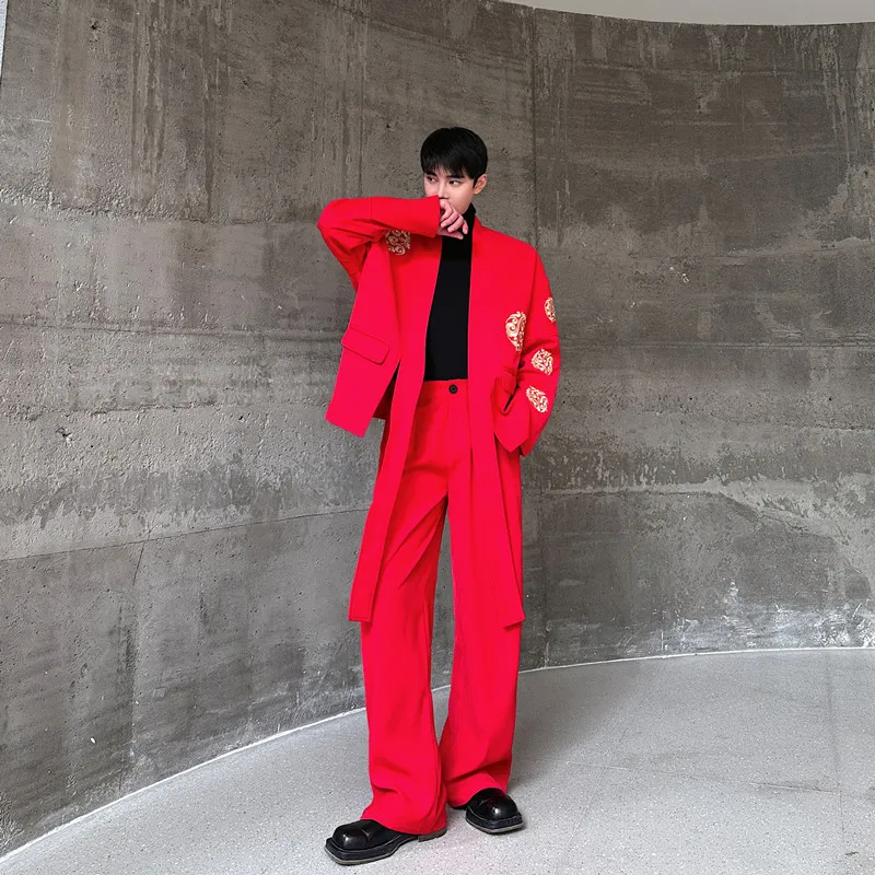 Fashion New Long Sleeve Suit Men's Spring Autumn High-End Embroider Red Men's Sets Youth Popularity Trendy Male Two-Piece Suit