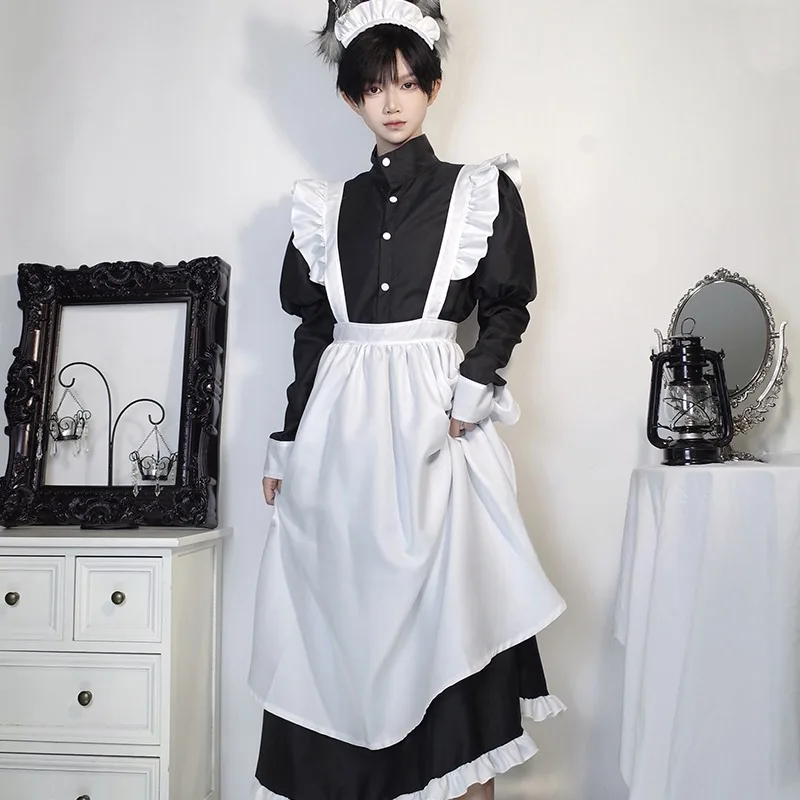 Japanese Style Maid Outfit Black White Long Dress Lolita Unisex Men Women Halloween Costume Uniform Full Set Adults Plus Size