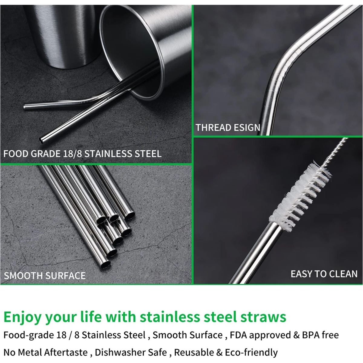 Reusable Straws,Set of 8 Long 8.5 Inch Stainless Steel Metal Straws, 4  Silicone Straws, Includes 2 Cleaning Brushes, Compatible With  Tumblers,YETI