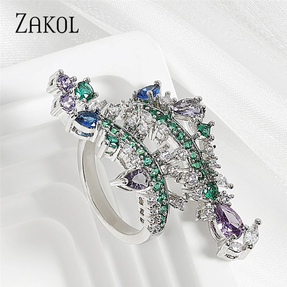 ZAKOL Luxury Mutilcolor Cubic Zirconia Engagement Rings for Women Shinny Green Crystal Banquet Ring INS Style Party Jewelry