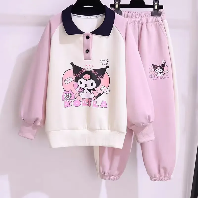 

Anime Sanrio Kawaii Kuromi Y2K Children's Swear T-shirt Pants Fall Cartoon Casual Sweatshirt Girls Pullover Two Piece Set Gift