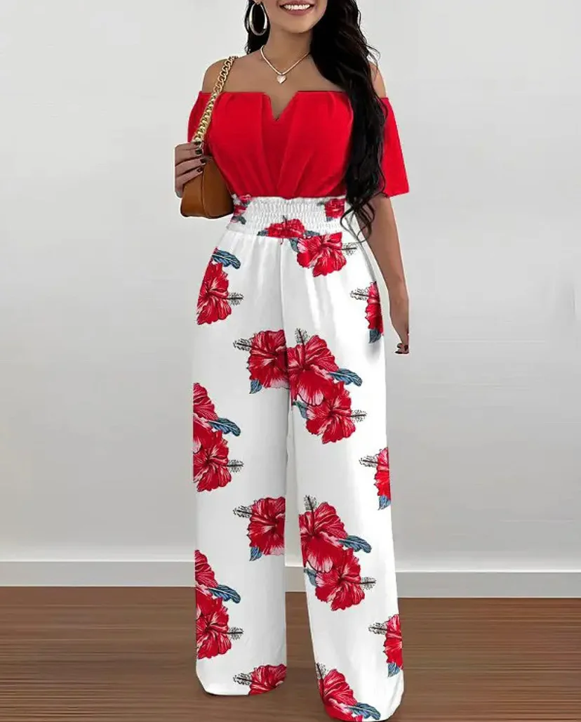 Sexy Off Shoulder Print Jumpsuit Women Loose Wide Legs Trousers Ladies One Pieces Full Length For Women Jumpsuit 2023 Summer New