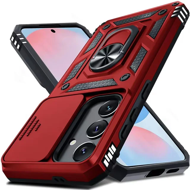 Military Armor Camera Slide Case with Magnetic Ring Stand - Durable Protective Phone Cover