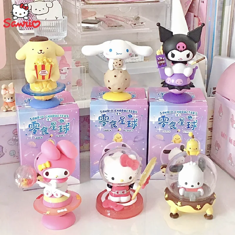 

Cartoon Sanrio Figure Snack Planet Series Kitty Cinnamoroll Kuromi Pompom Purin Melody Action Figurines Model Statue Dolls Toy