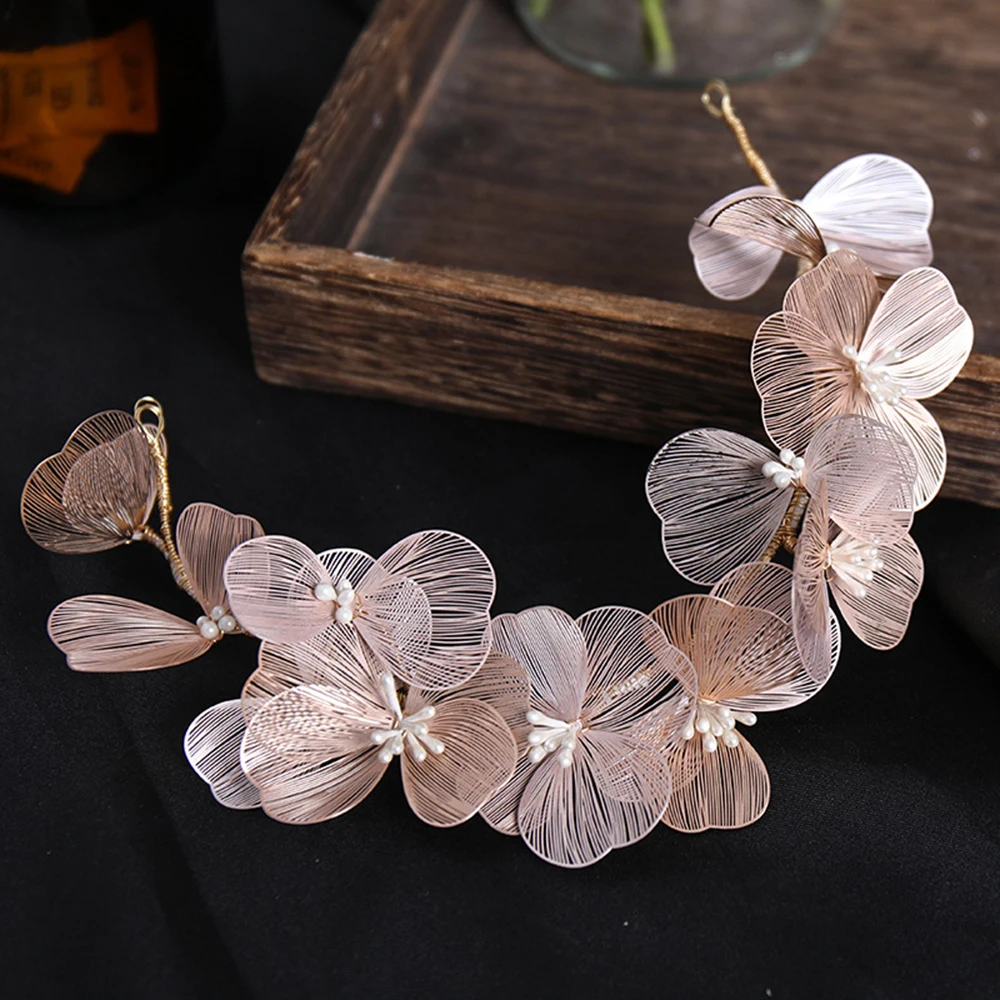 Fairy Flower Hairband Metal Floral Tiaras Bride Pearl Headdress For Women Charming Wedding Hair Jewelry Marrige Beauty Headbands