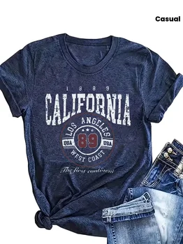 Crew Neck Short Sleeve Retro American Style California Los Angeles 89 Letter Print T Shirt Women's Outfits Casual Streetwear 1