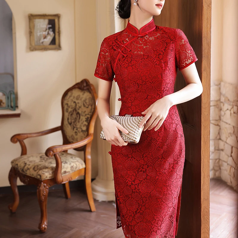 Plus Size 3XL 4XL Chinese Women Lace Qipao Sexy Spilt Cheongsam Mandarin Collar Novelty Chinese Dress Elegant Lady Party Dress