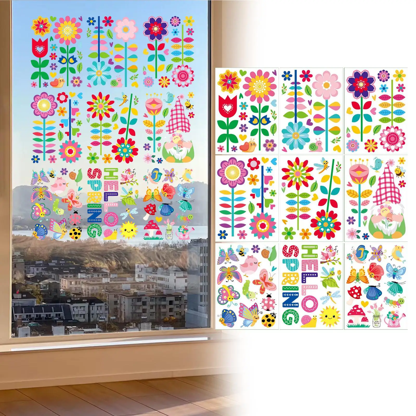 9x Spring Window Stickers Decorative Window Cling Stickers for Bedroom Decor