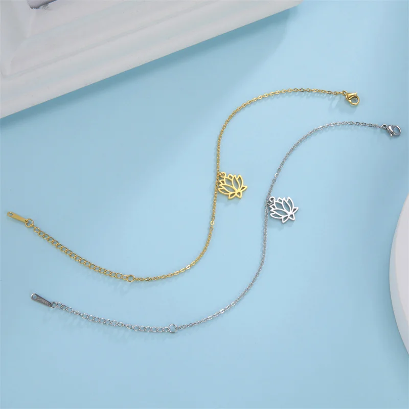 Trendy stainless steel anklet foot bracelet gold color lotus flower chain anklets for women bracelet on the leg jewelry gifts ankle chains silver anklet bracelet beads anklet fashion accessories toe foot bracelet