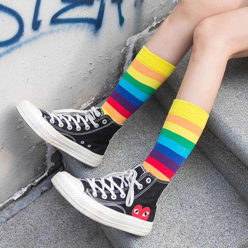 6/7 Pairs Klassische Frauen Socken Regenbogen Socken Gestreiften Elastizität Weibliche Baumwolle Socken Retro Atmungsaktive Casual Harajuku Crew Socken – Detail 10