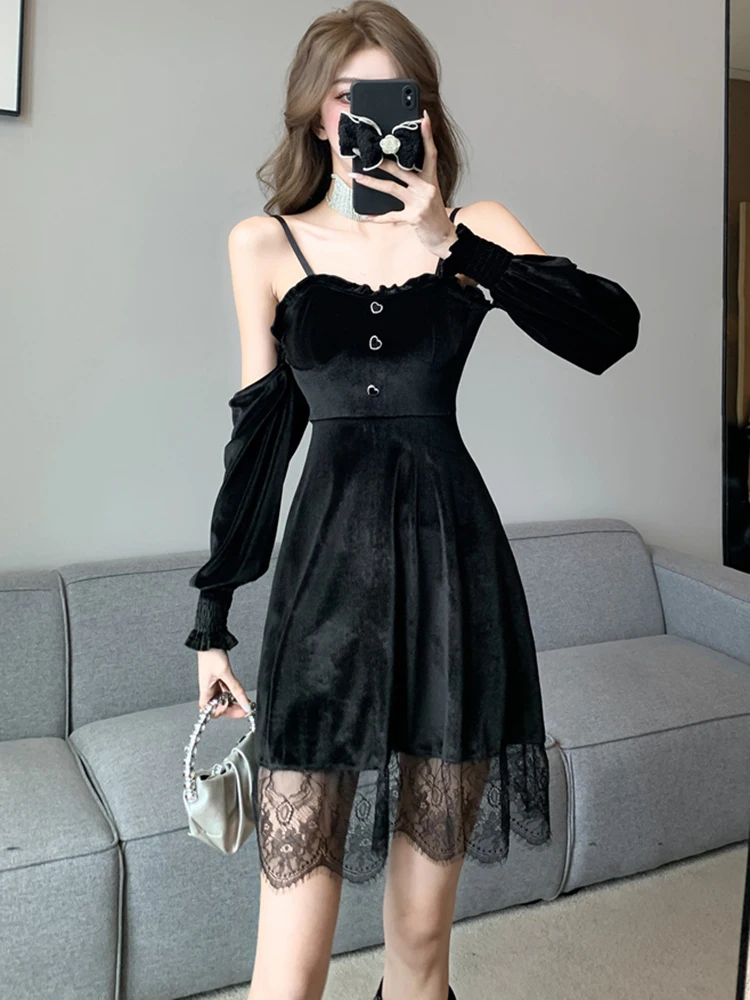 

Autumn Winter Black Velvet Patchwork Lace Ruffled Short Dress Women Sexy Bodycon Prom Dress 2023 Korean Vintage Hepburn Vestidos