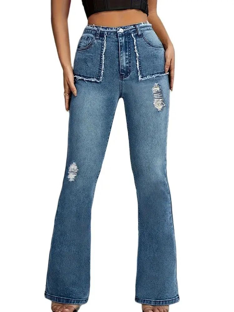 

Повседневная Эластичная джинсовая Лоскутная одежда с высокой талией, с карманами с необработанными краями и расклешенными брюками, новинка 2024, модная женская одежда