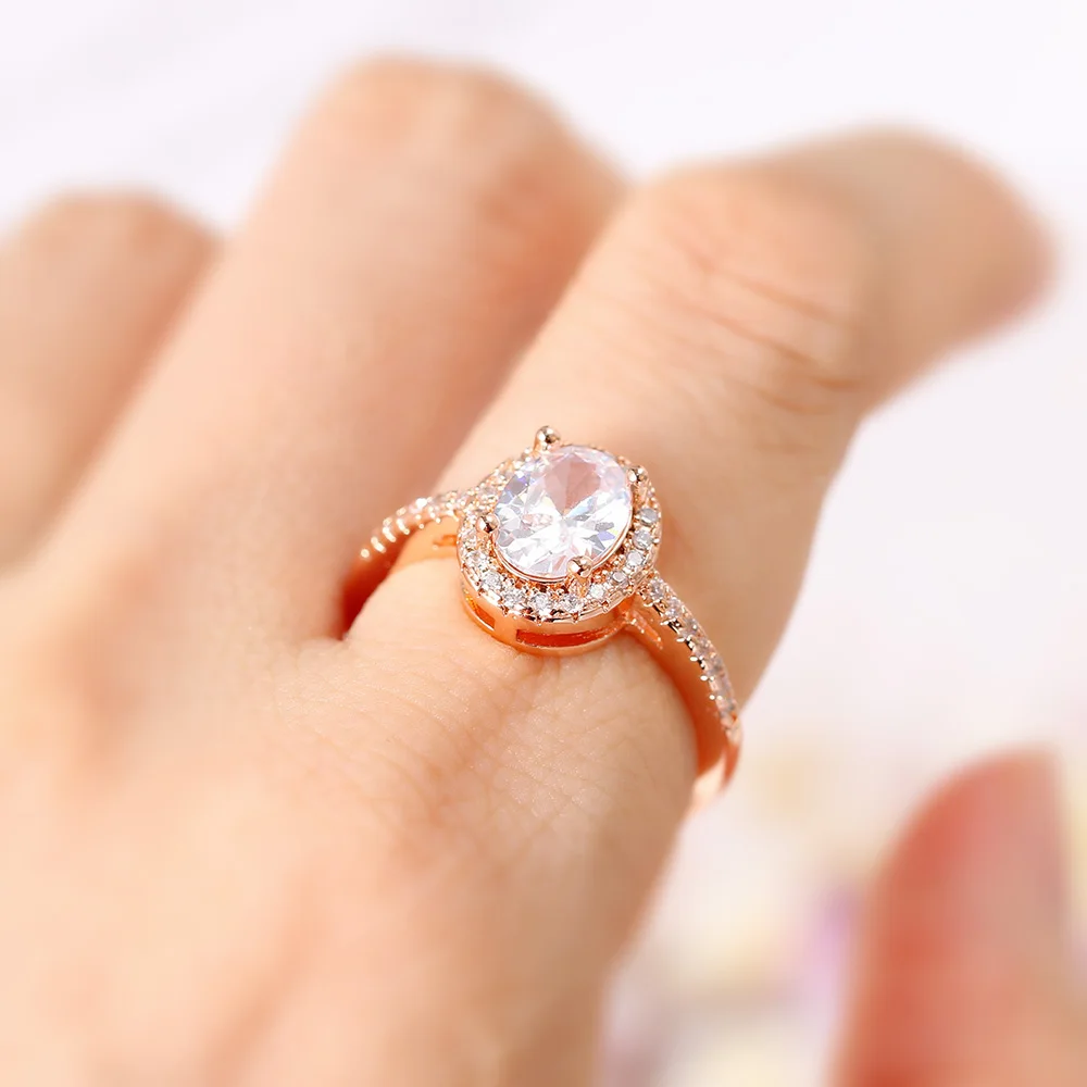 Wedding Engagement Ring Women Oval Crystal Moissanite Promise Ring Rose Gold Color Marriage Bride Jewelry Accessories OHR078