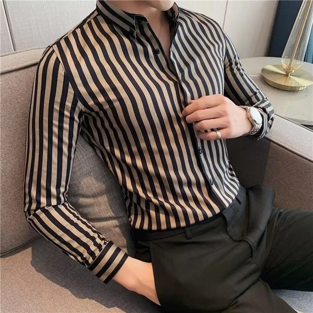 

Men Striped Shirt Stylish Men's Business Shirts Slim Fit Striped Print Soft Fabric for Spring Fall Seasons Slim Fit Shirt