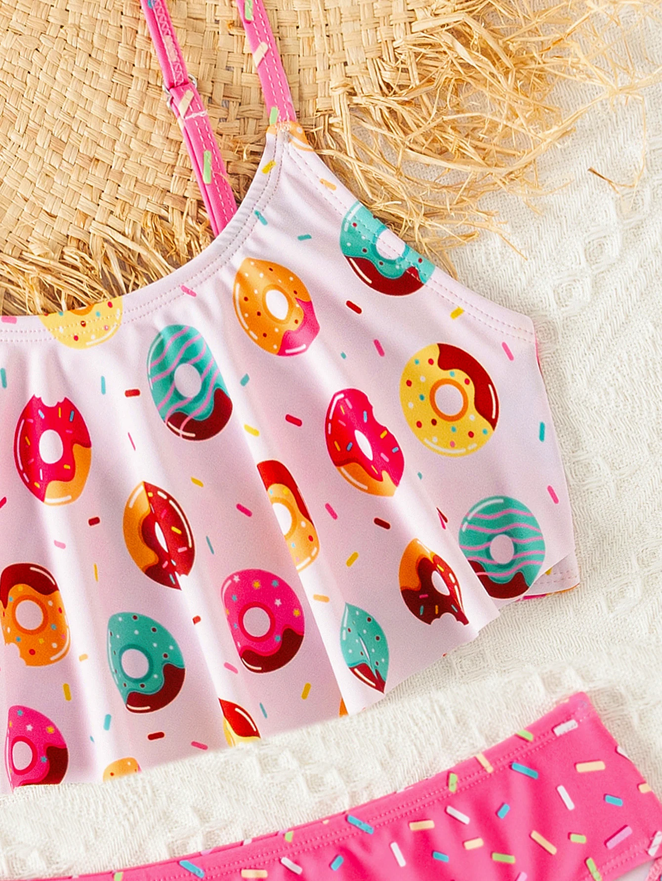 Donut Print Ruffle Deco Girls Kids 2-piece Swimsuit for Summer Beach Outdoor girls swimsuit