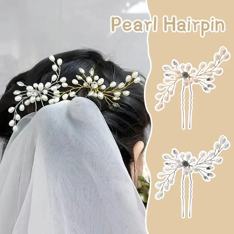 Elegant Pearl Crystal Hairpin Wedding Bridal U-shaped Metal Hair Comb Forks Hairstyle Clips Jewelry Accessories Design Tools