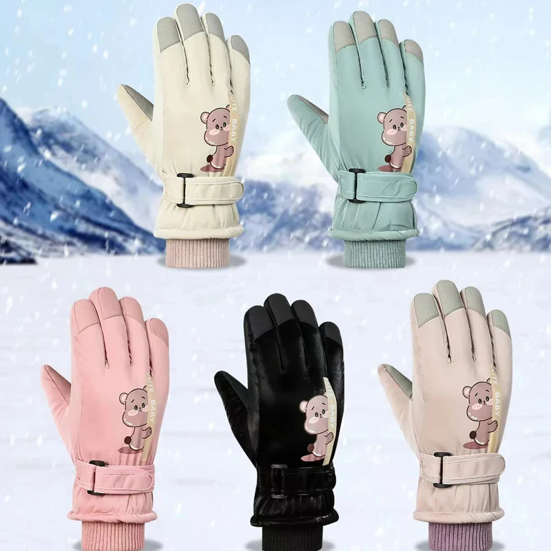 Children Ski Gloves for Girls Boys Winter Waterproof Outdoor Skiing Riding Kids Gloves Thicken Plus Velvet Five Finger