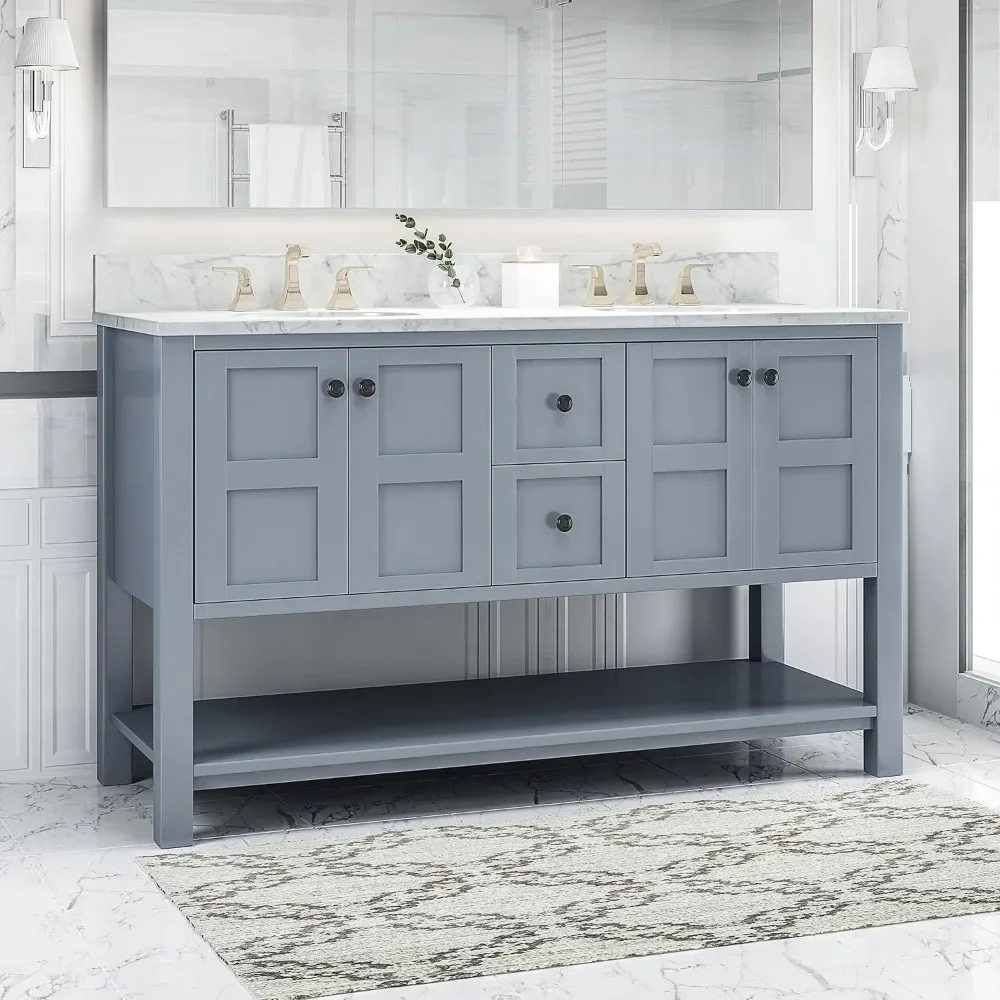 61" Bathroom Vanity with Two Sinks Double Bathroom Vanity with Marble Top, 4 Doors, 2 Drawers, for Bathroom，No Mirror (Grey) 3