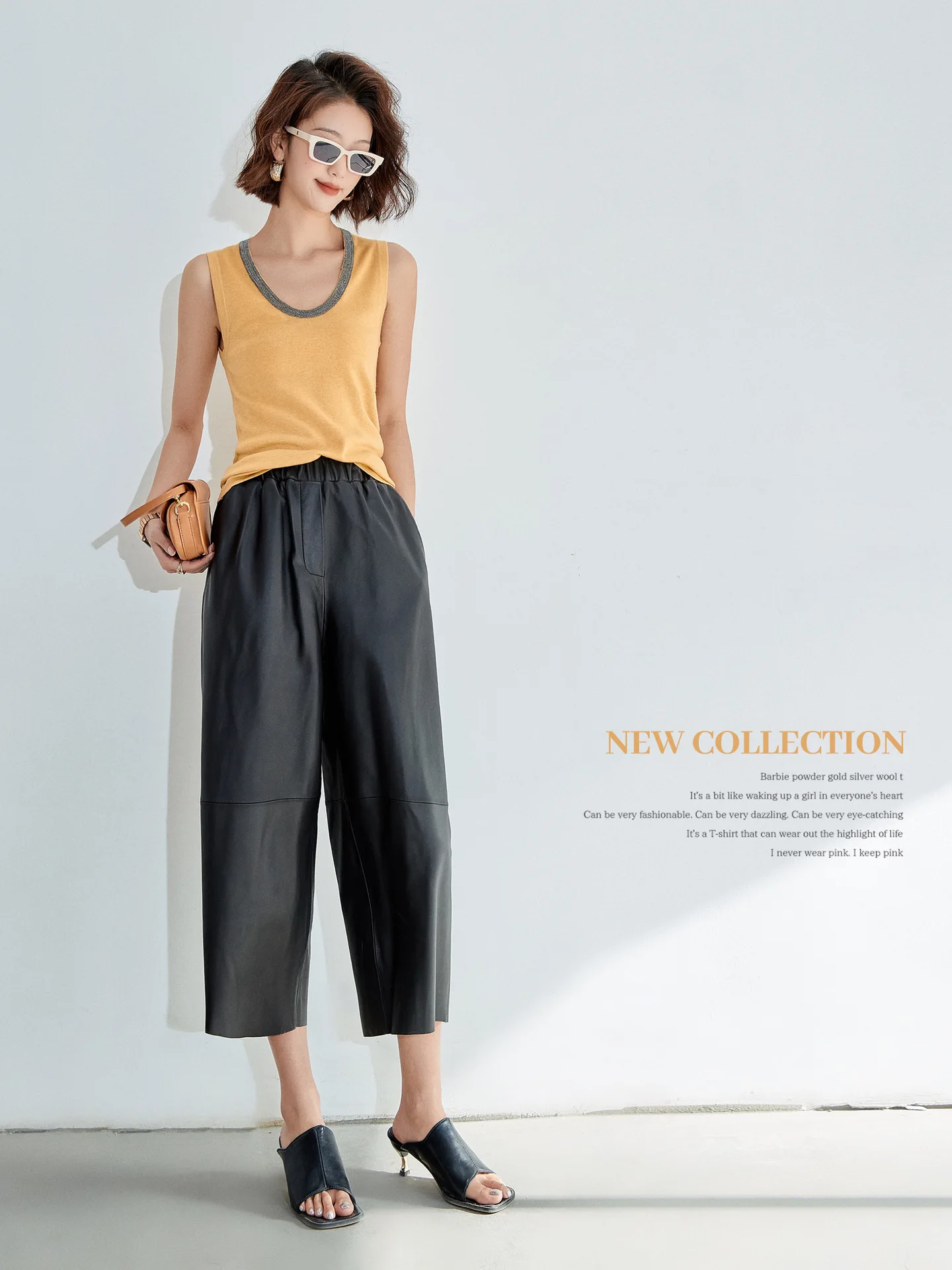 Genuine Leather Pants for Women, Ankle Length, Sheepskin Pants, Wide Leg Haren Pants, Elastic Waist, Spring and Autumn