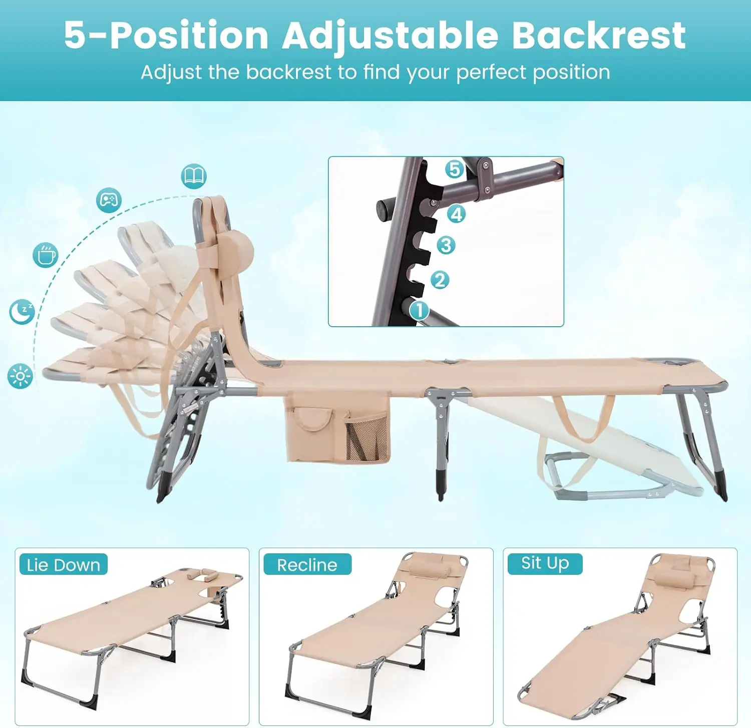 Folding Beach Lounge Chair with Face &Arm Hole, 5-Position Adjustable,Removable Pillow,Side Pocket, Sunbathing Chair