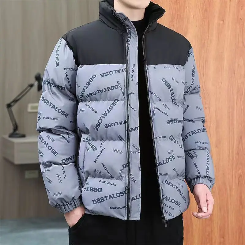 Autumn and Winter Printed Pattern Casual Parkas Men's Long Sleeved Stand Collar Zipper Wadded Jacket