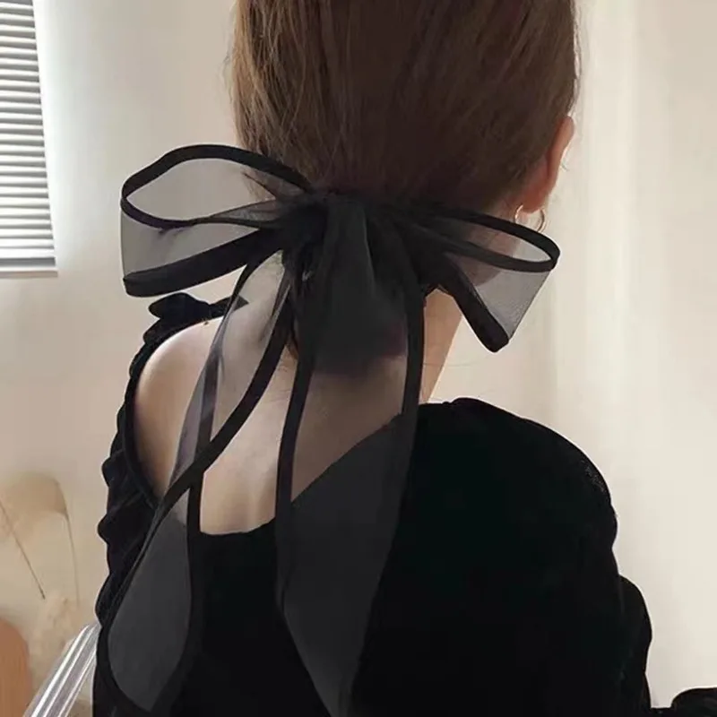 New Fashion Elegant Black Yarn Bow Streamer Scrunchies Elastic Hair Band Hair Rope Ponytail Holder Hair Accessories For Women