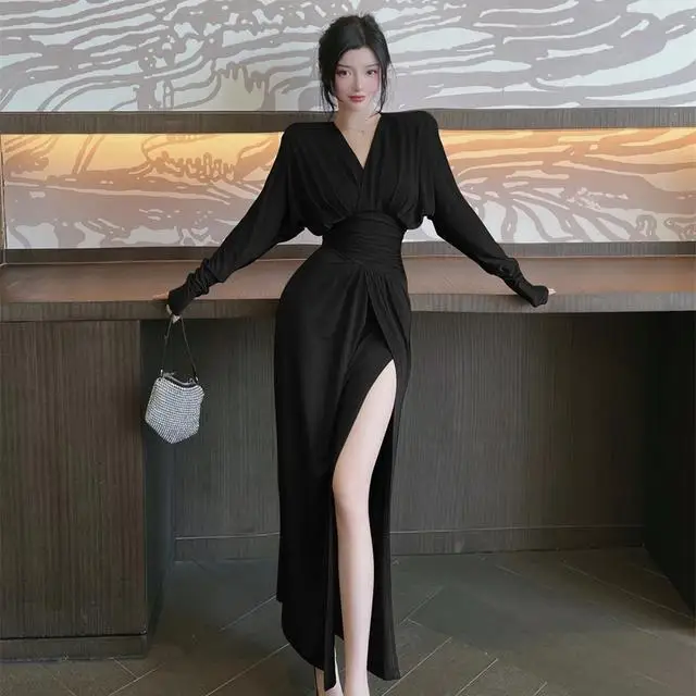 

Long Sleeve Vintage Solid Color Slim High Slit Dress Women Spring Summer V Neck Ankle Length A Line Pullover Fold Vestidos M446