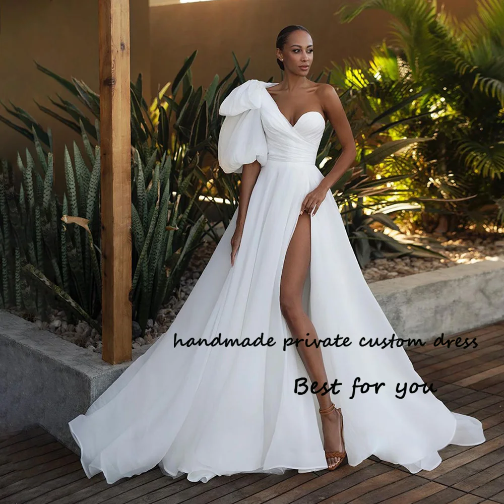 

White Organza One Shoulder Wedding Dresses with Slit A Line Long Beach Bridal Gowns Bohemain Bride Dress